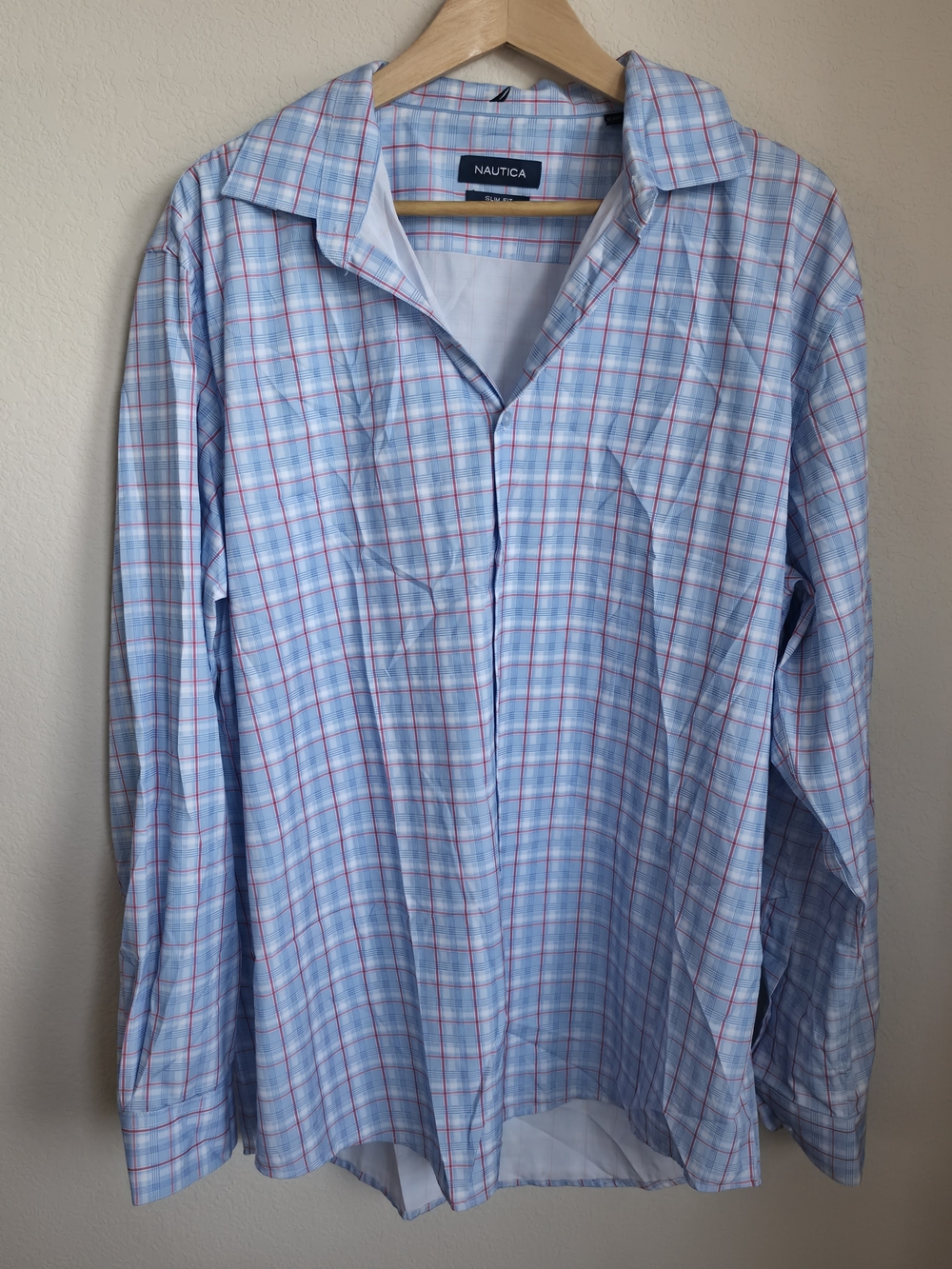Nautica Men's Red White And Blue Plaid Long-Sleeve Slim Fit Dress Shirt